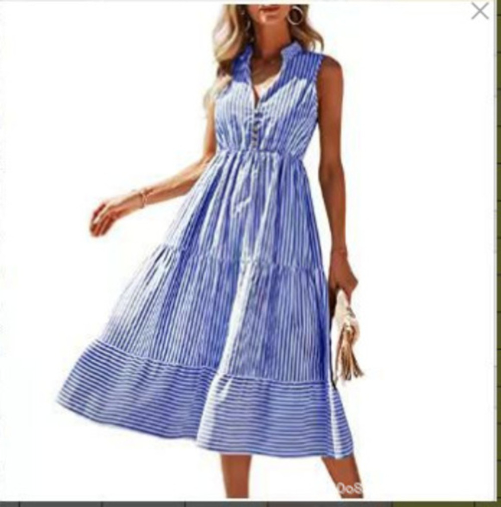 Women's Royal Blue Striped V-Neck Sleeveless Tiered Maxi Dress